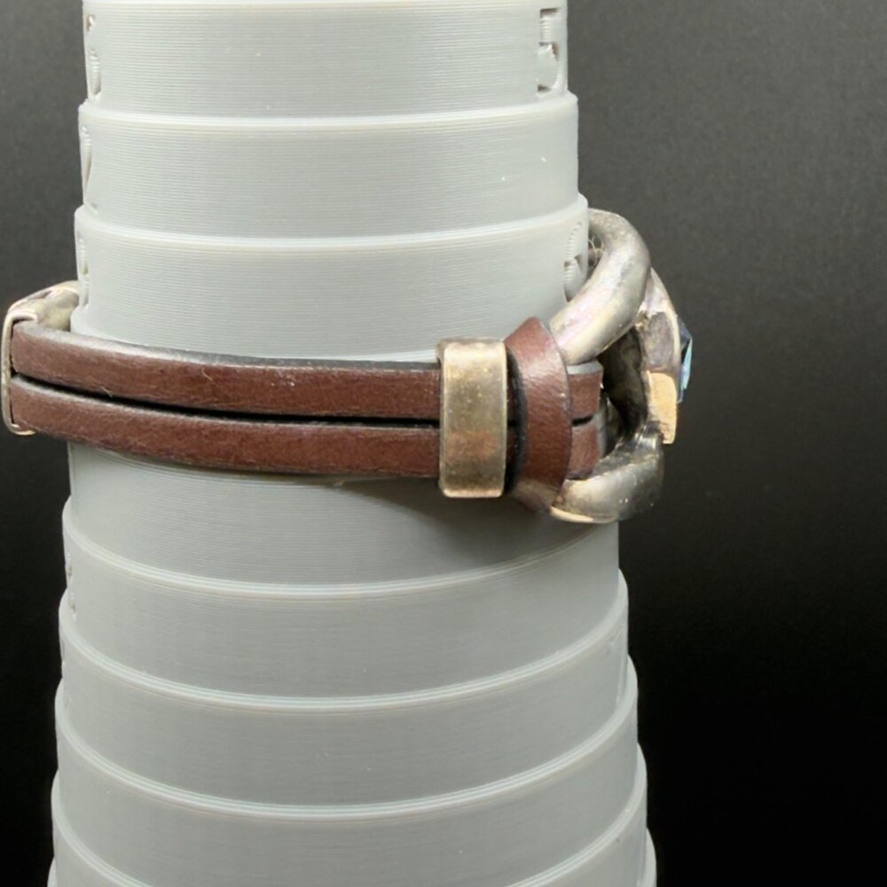 Handcrafted Leather Bracelet Silver Tone Metal Iridescent Glass Stone Magnetic - Picture 13 of 13